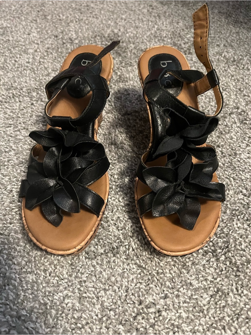 b.o.c. Black Floral Leather Ankle-Strap Sandals with Tan Footbed